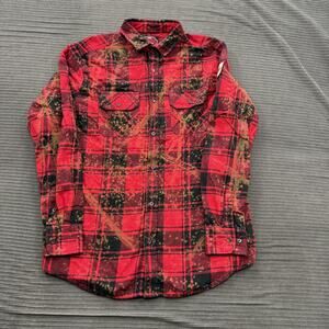 Angry Minnow Shirt Mens XL Red Plaid Flannel Def Leppard Bleach Patched Rock